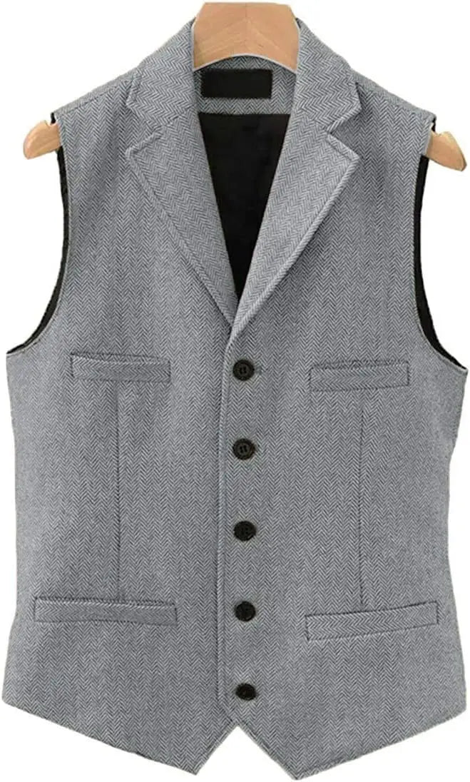 Tweed Herringbone Mens Suit Vest Slim Fit Notch Lapel With 4 Pockets Groomsmen Wedding Waistcoat For Wedding voguable