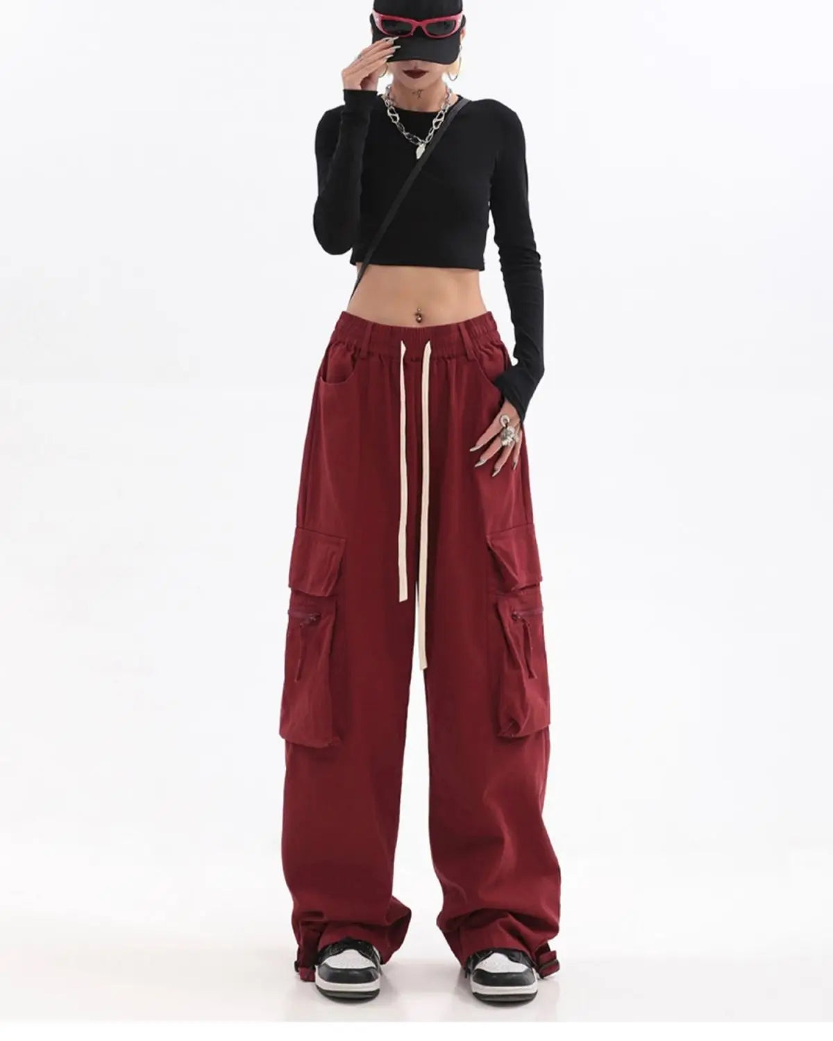 Streetwear Vintage Hip Hop Oversize Red Cargo Pants Women Drawstring Elastic Waist Loose Wide Leg Harajuku Casual Trousers 2023 voguable