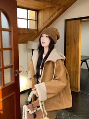 Y2K Streetwear Faux Lamb Suede Jacket Women Vintage Winter Long Sleeve Hooded Coat American Retro Loose Lady Pockets Warm Tops voguable