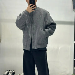 Korean Casual Sweatshirt Jacket Spring Autumn Winter Wear Cityboy Stand Collar Woolen Jacket Men Women Loose Solid Zipper Coat voguable