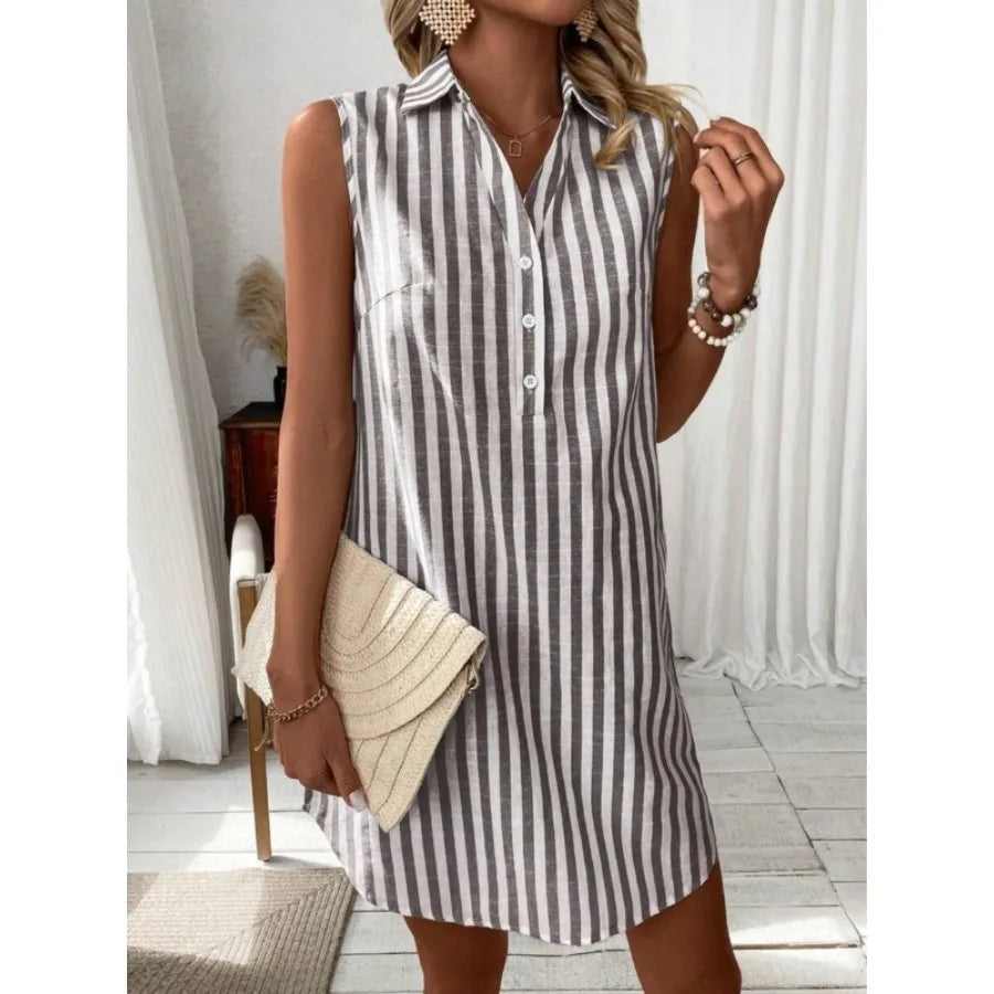 Voguable  new European and American - hot sale sleeveless V-neck stripe fashionable loose button shirt dress voguable