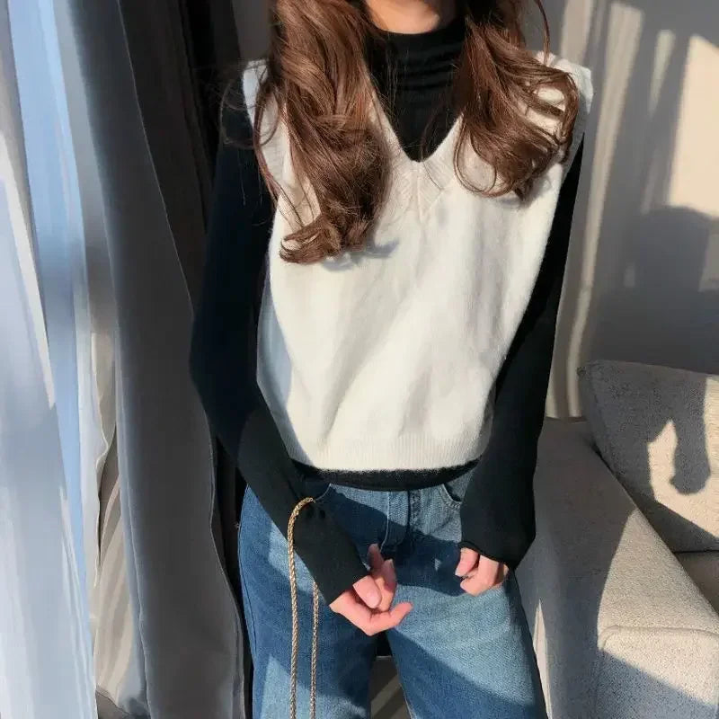 Women's Sweater Yellow Vest Short Knit Tops for Woman Green Crop V-neck Korean Style Winter Thermal Blouse Tall Long Sleeve Warm voguable