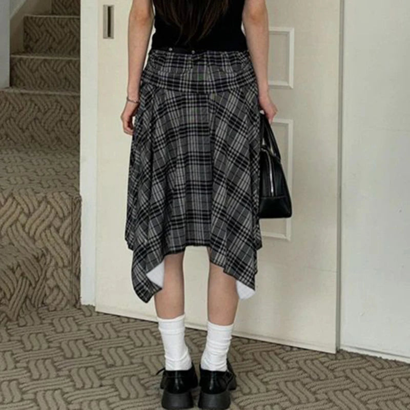 Preppy Style Plaid Print Skirt Grey Low Rise Loose Irregular A-line Midi Skirts Women Harajuku Clothes y2k Streetwear New voguable