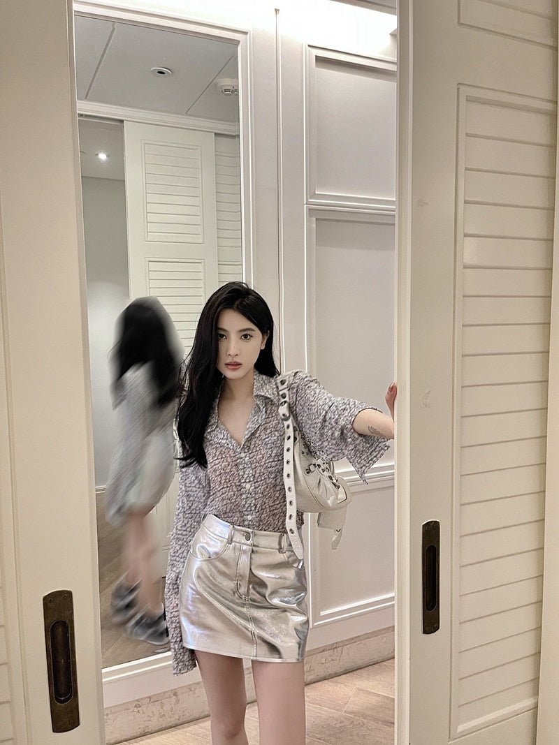 Summer Autumn Pink Silver Reflective Shiny Patent Leather Mini Skirts for Women High Waist A Line Short Sexy Y2K Clothes voguable