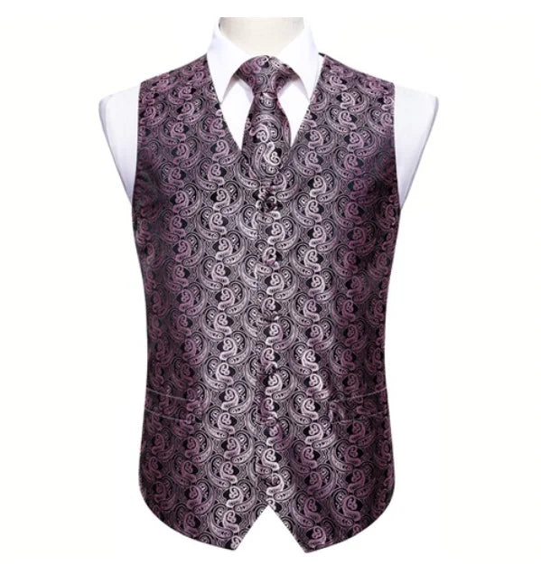 Hi-Tie Pink Green Paisley Silk Dress Vest Set For Men Dark Blue Jacquard Mens Suit Vest Male Waistcoat For Wedding Formal Jacket voguable