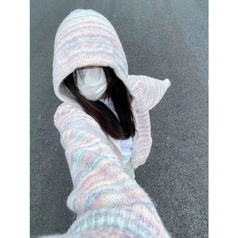 Japanese Y2k Rainbow Striped Kawaii Cardigans Women Autumn All Match Hooded Sweaters Loose Zipper Grunge Knitted Coat Pull Femme voguable