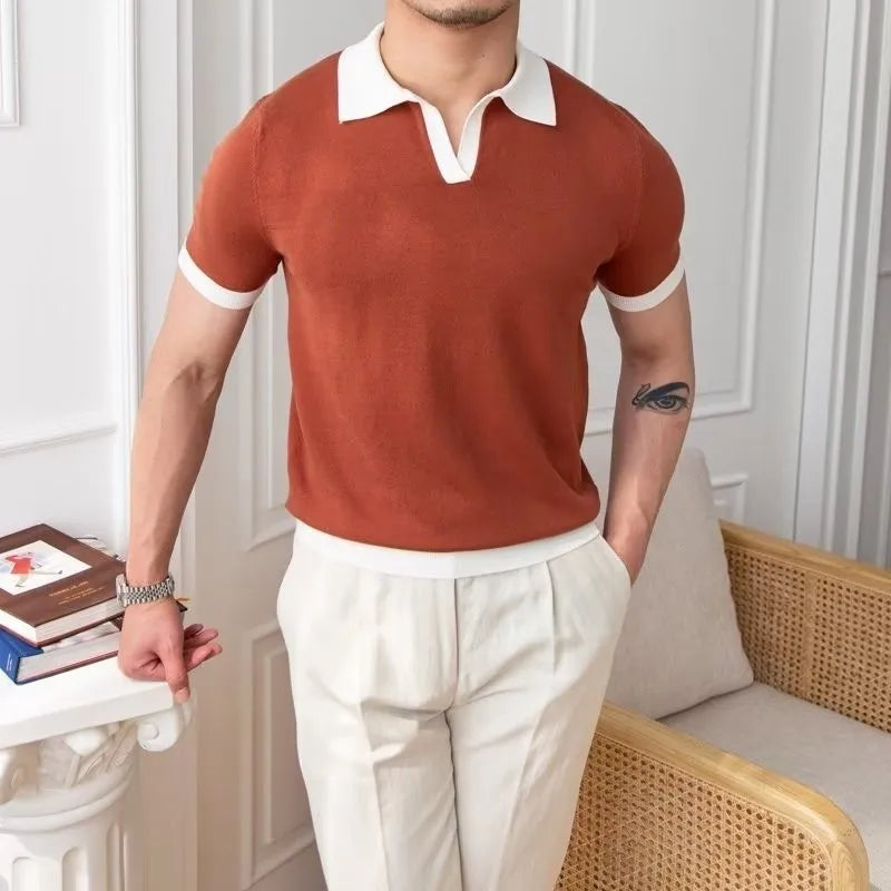 New Trend Men Business Polo Shirt Light Luxury Popular Slim V Neck T-shirt Leisure Patchwork Short Sleeve Tops Retro Knitwear voguable