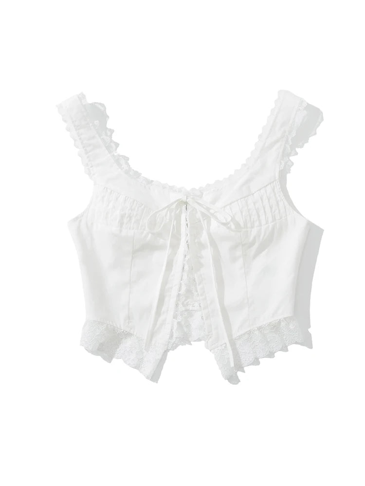 Voguable  New Fashion Women Lace Spliced White Tank Top Sleeveless Lace Up Sexy Collar Ladies Summer Crop Top voguable