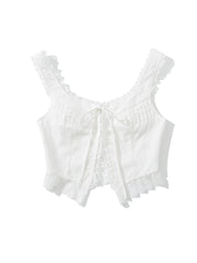 Voguable  New Fashion Women Lace Spliced White Tank Top Sleeveless Lace Up Sexy Collar Ladies Summer Crop Top voguable