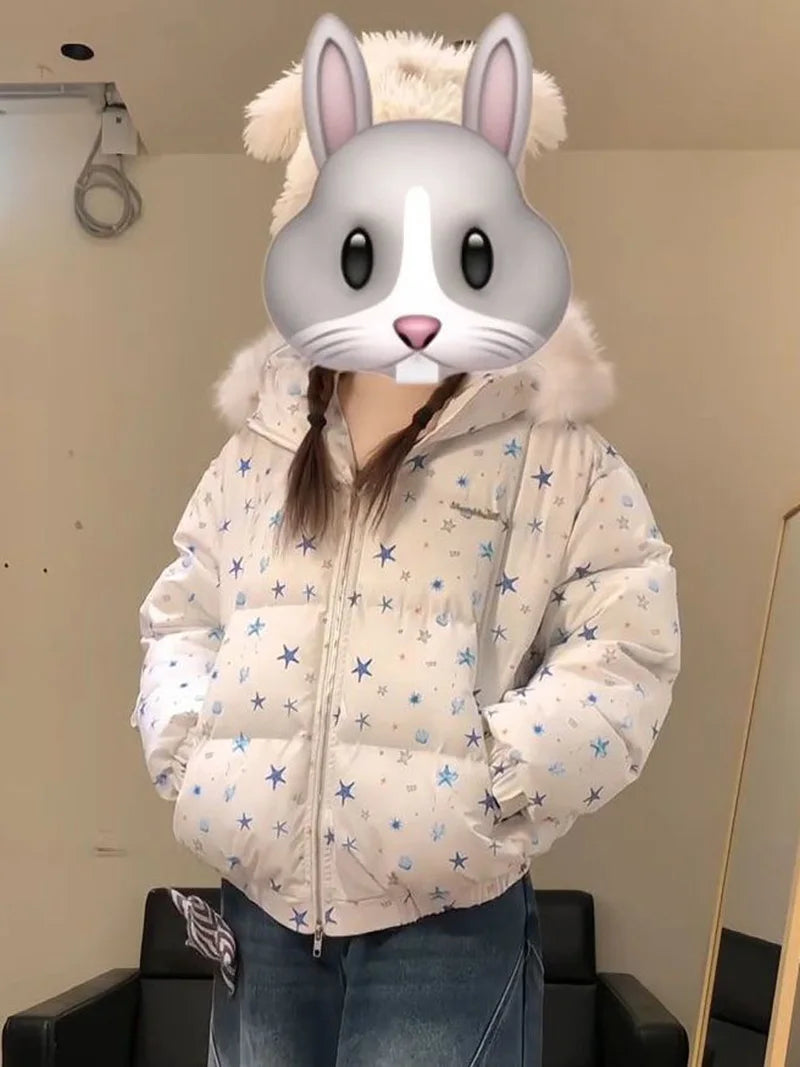 Women Winter Stars Sweet Parkas Fashion Hooded Warm Cute Puffy Coat Japan Long Sleeve Loose Female Preppy Style Chic Jacket New voguable