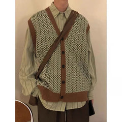 Voguable  Men's Loose Korean Style Trendy Versatile Retro Casual Knitted Cardigan Sweater Vest Japanese voguable