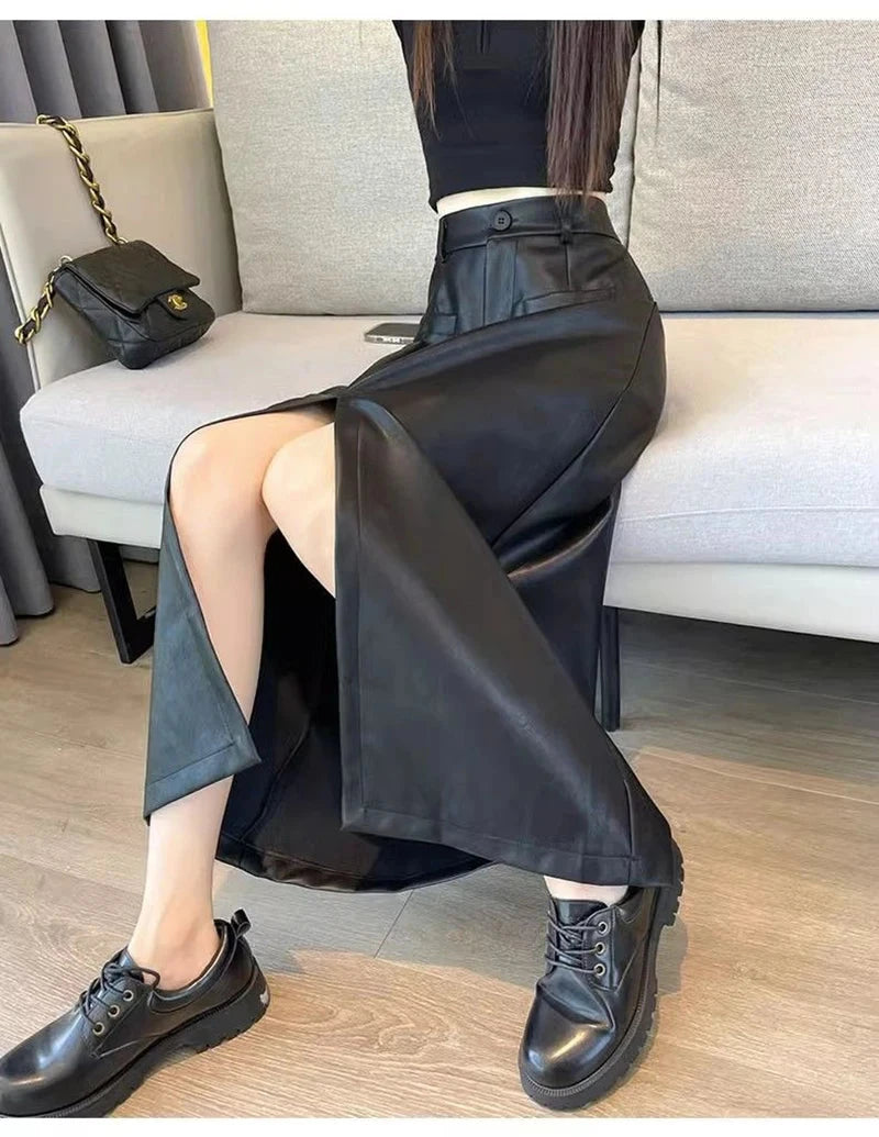 Sexy Slit Pu Long Skirt Women High Waist Slim Vintage Skirts Casual Fall Winter Lady Solid Retro American Streetwear Long Skirt voguable