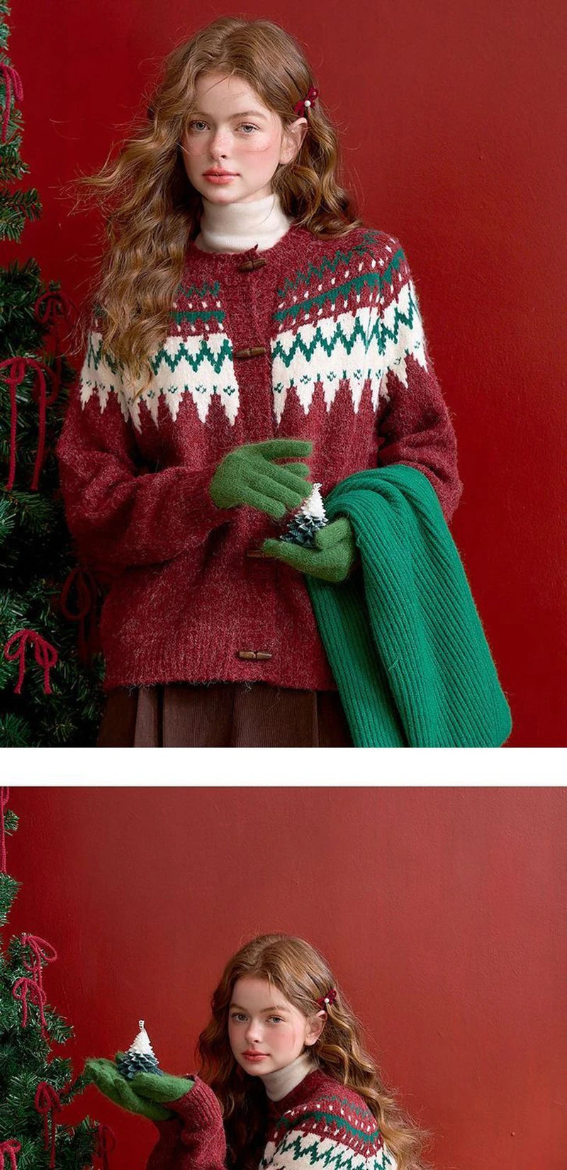 American Christmas Red Cardigan Women Vintage Lazy Wind Sweet Knitted Sweater Casual O Neck Long Sleeve Retro Harajuku Tops New voguable