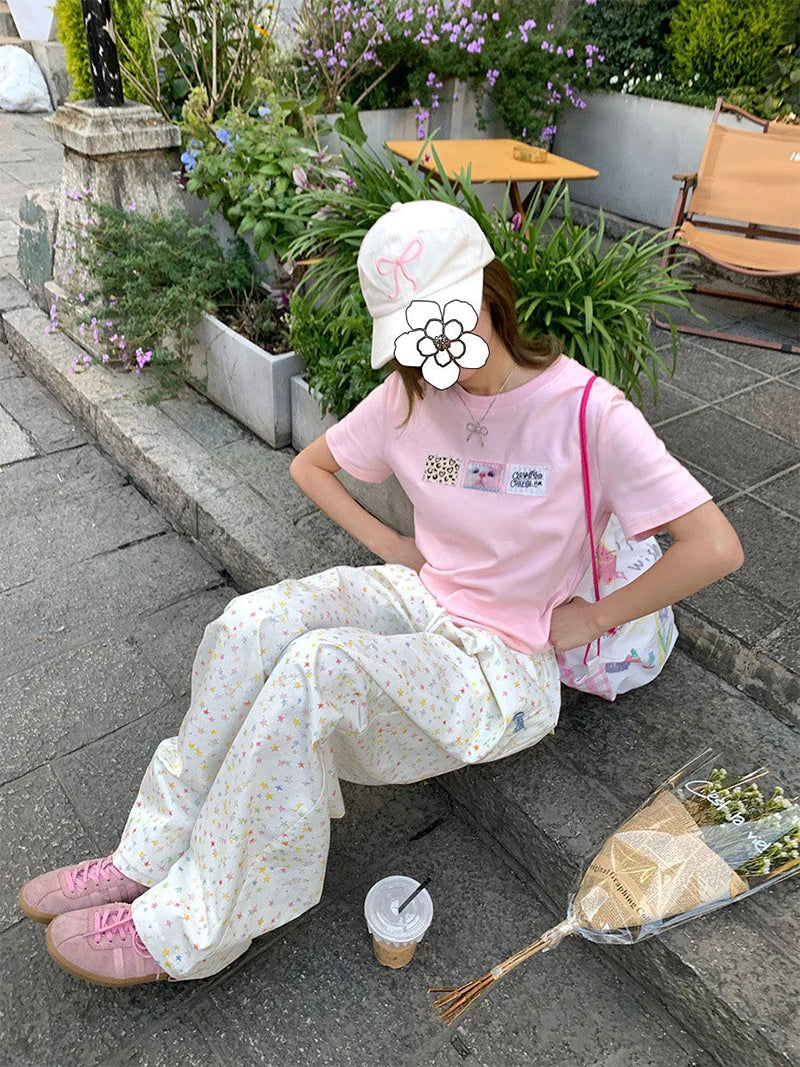 Stars Print Letter Cargo Pants Women Sweet Fashion High Waist Wide Leg Trousers Casual Loose Preppy Style Female Cute Pants voguable