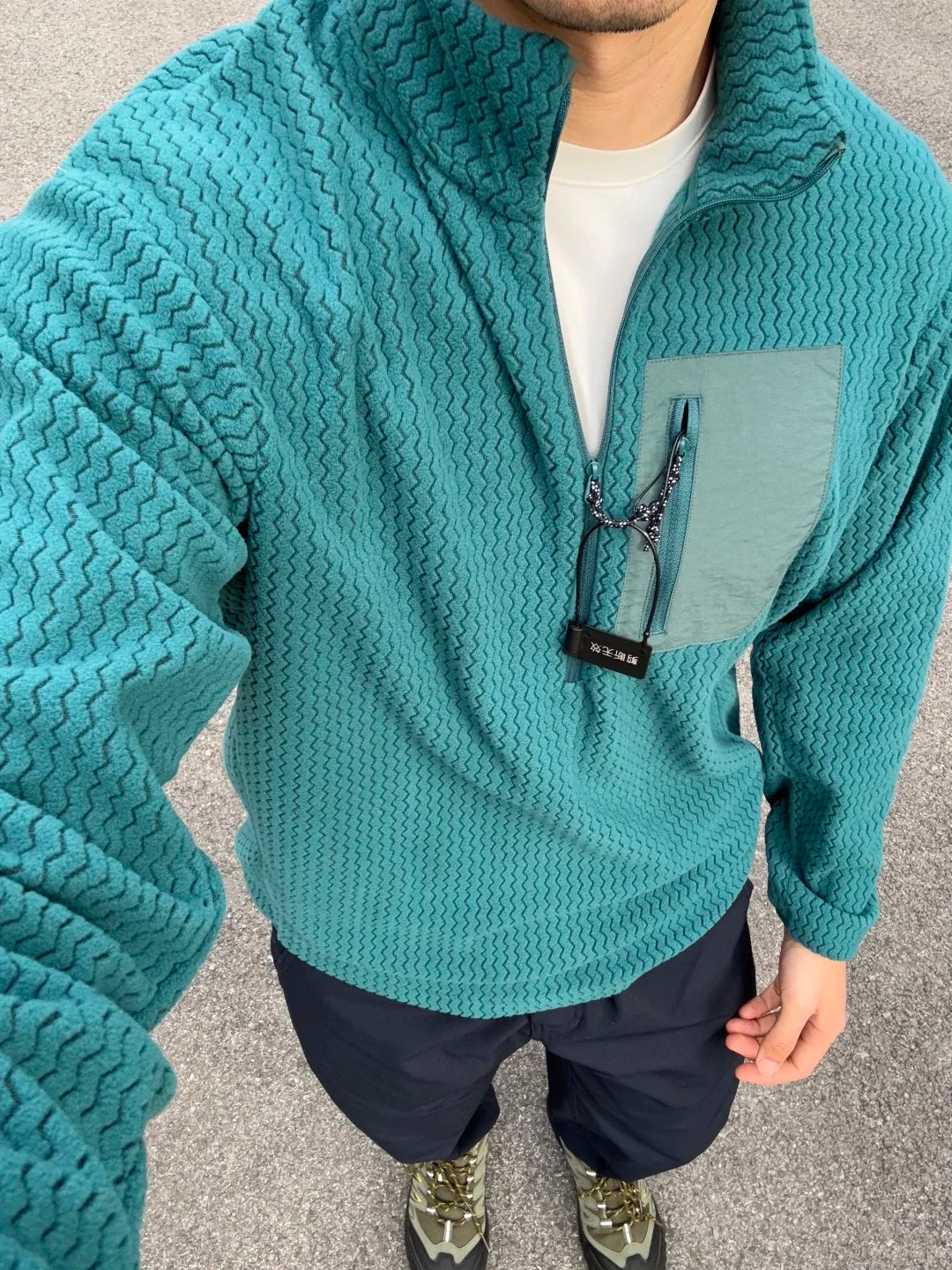 Voguable  Outdoor Half Zipper Fleece Sweatshirt Couple Style Stand Collar Wave Texture Thermal Casual Men's Women's Warm Cardigan Sweater voguable