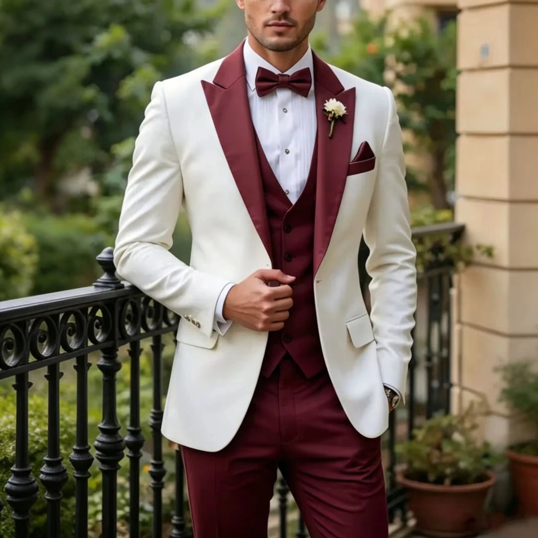Voguable  Men Suit White 3 Pieces Single Button With Lapel For Wedding Birthday Banquet Party Business Work Office Jacket Vest Pant voguable