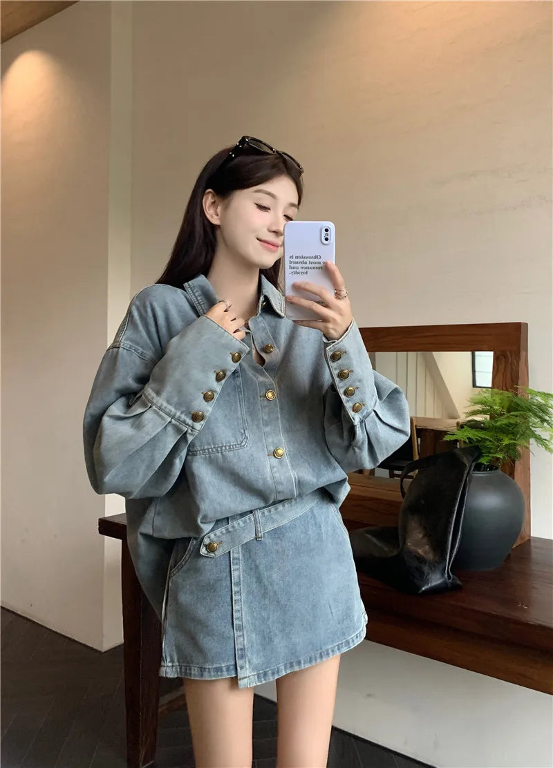 Voguable 2024 Spring New Streetwear Distressed Loose Casual Denim Long-sleeved Shirt Women + Asymmetric Sexy A-line Skirt Two-piece Suit voguable