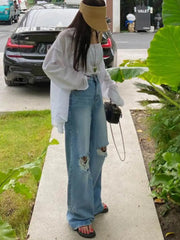 Vintage Streetwear Hole Jeans Women Fashion Loose Wide Leg Pants Summer Casual All Match Female Korean Straight Denim Trousers voguable
