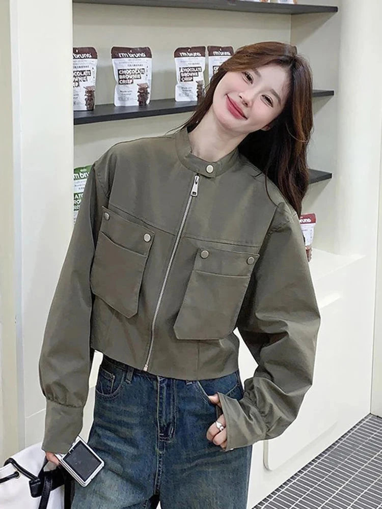 Streetwear Y2K Cropped Cargo Jacket Women Vintage Loose Pockets Harajuku Short Coat American Casual Fall O Neck Long Sleeve Tops voguable