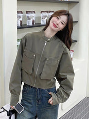 Streetwear Y2K Cropped Cargo Jacket Women Vintage Loose Pockets Harajuku Short Coat American Casual Fall O Neck Long Sleeve Tops voguable
