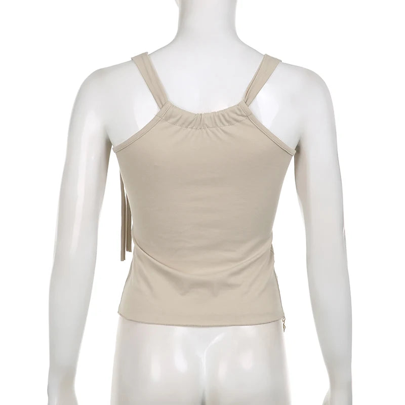 Voguable  Fairycore Lace Ruffle Pearl Chain Decorate Crop Top Coquette Sleeveless Tops Grunge 2000S Y2K Camis Cute Tank Tops Sexy voguable