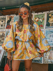 Elegant Printed Women's Jacquard Waist Dress Fashion O Neck Lantern Sleeve Short Vestidos Autumn Lady Party Chic Streetwear voguable