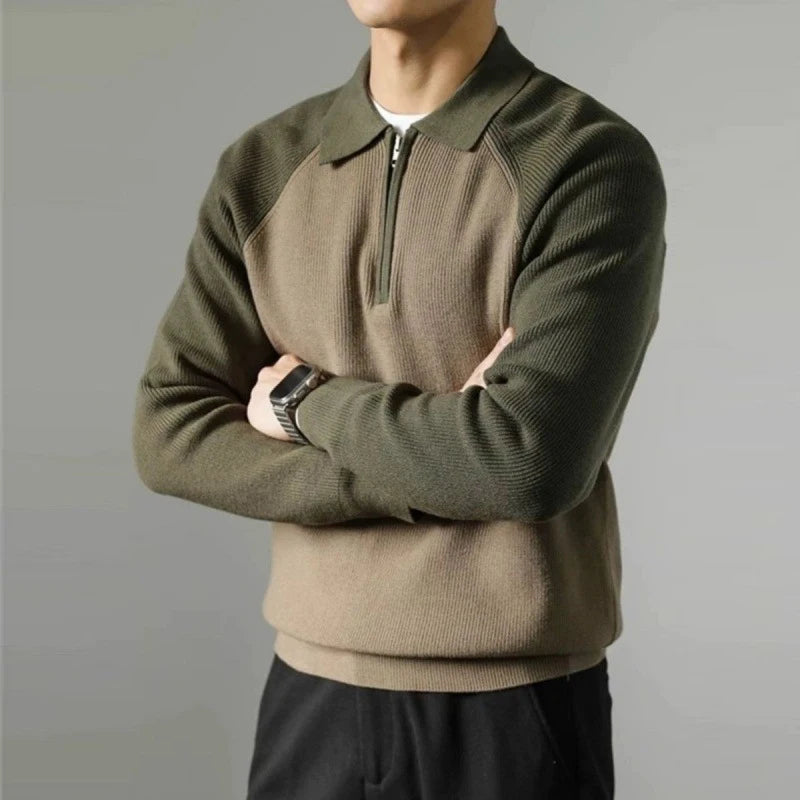 New American Chic Men Polo Sweater Luxury Trendy Business Zip-up Knit Solid Color Pullover Leisure Slim-fit Long Sleeve Knitwear voguable
