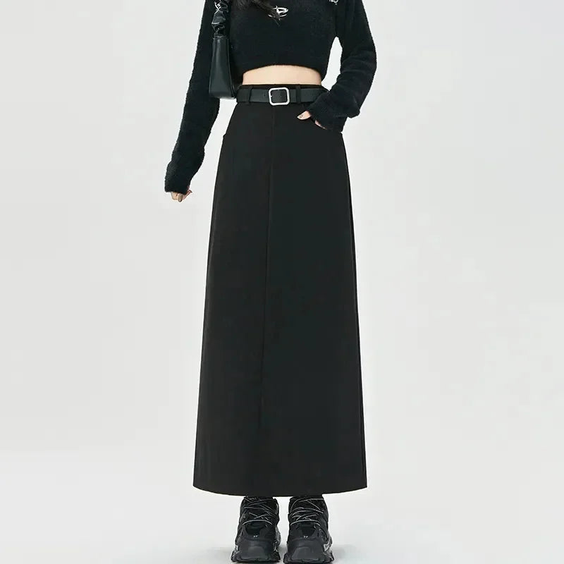 Autumn Faux Fur Belt Midi Skirts Women Y2K High Waist Rear Slit A-Line Skirt Winter Thick Elegant Office Lady Woolen Skirts New voguable