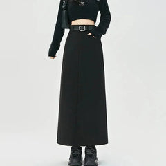 Autumn Faux Fur Belt Midi Skirts Women Y2K High Waist Rear Slit A-Line Skirt Winter Thick Elegant Office Lady Woolen Skirts New voguable