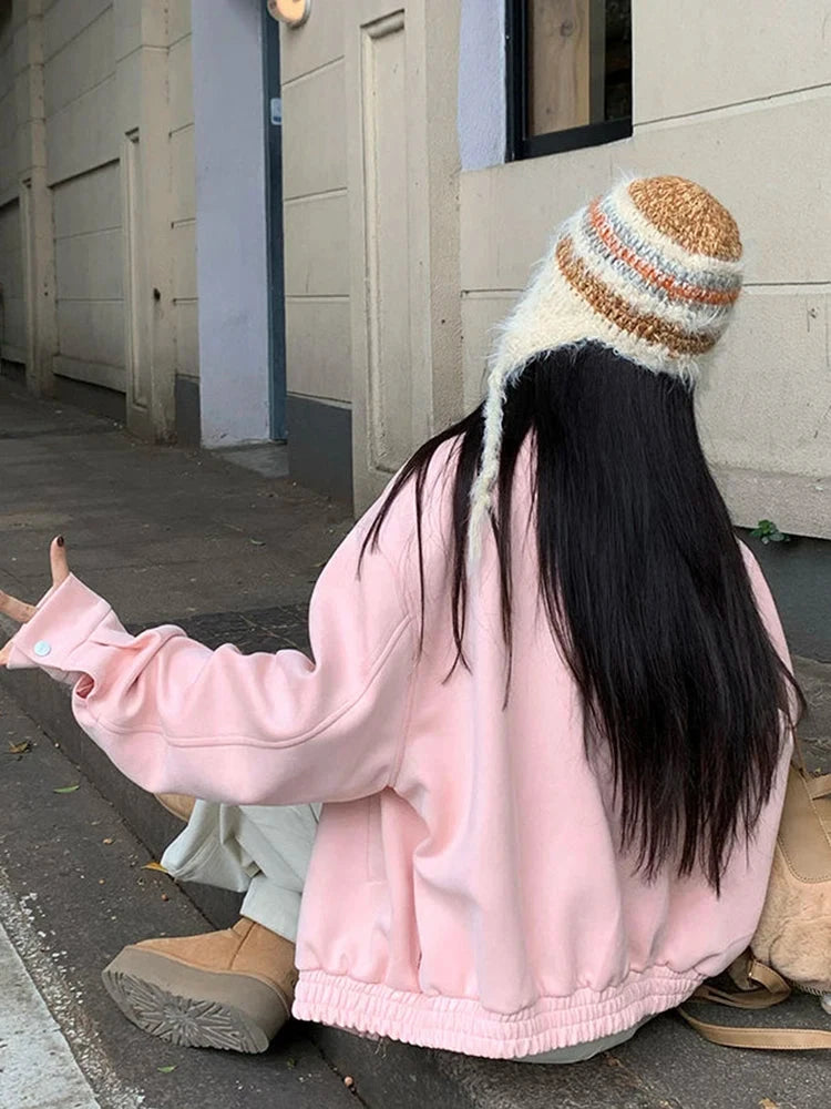 Pink Faux Suede Jacket Women Sweet Long Sleeve Vintage Streetwear Baseball Coat Fall Casual Retro American Y2K Lady Outwear voguable