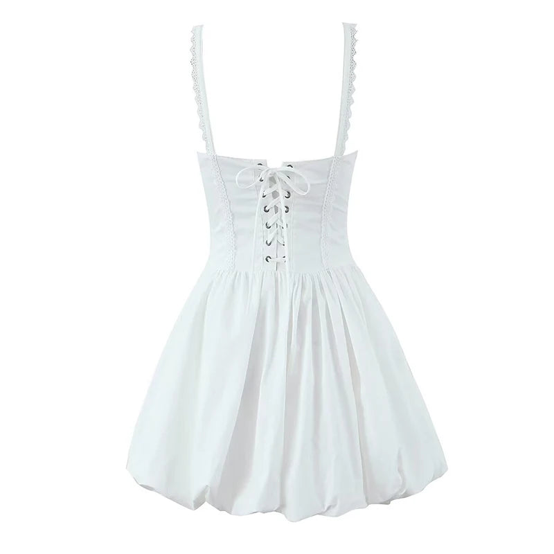 Women Lace Spliced Black White Sling Mini Dresses Sexy Low Waist Cotton Summer Sexy Party Dress Lacing Up Robe