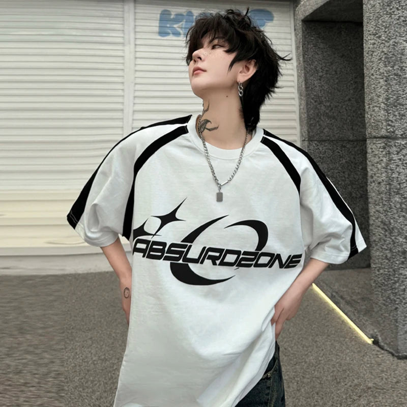 Voguable Letter Printed Splicing Design Fashion Handsome Short Sleeved T-shirts Summer New Trendy Korean Men's Street Tops voguable