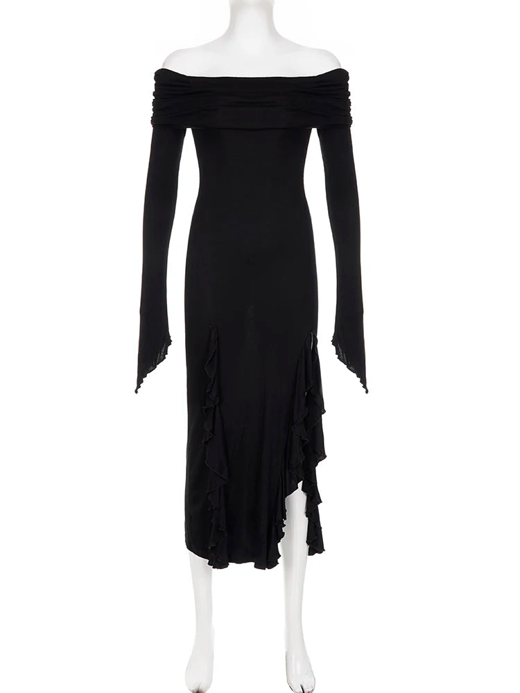 Voguable Black Slash Neck Party Dresses Elegant Fashion Ruffled Side Slit Slim Long Dress Off Shoulder Women Vacation vestidos voguable