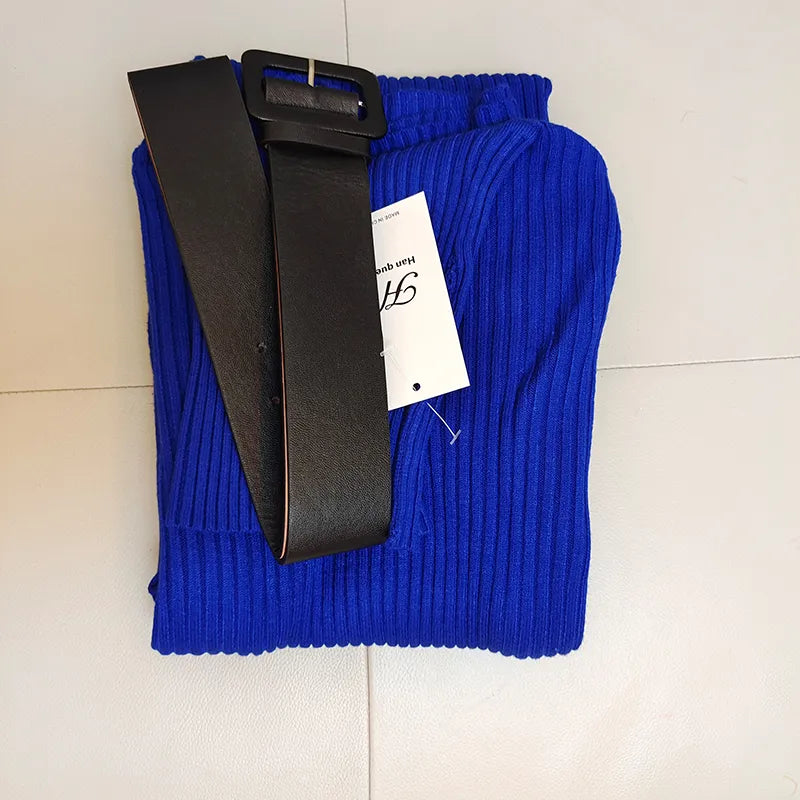 Queen Knitted Bodycon Dress Bottoming Women Soft Elastic Turtleneck Sweater Autumn Winter Midi Party Dresses With Belt voguable