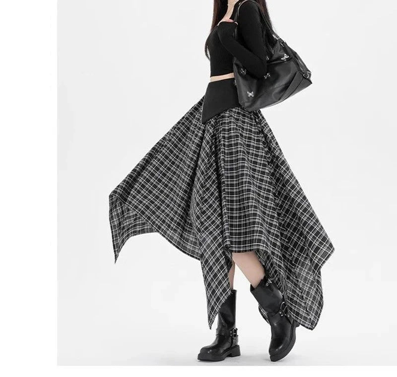 Y2K Streetwear Plaid Long Skirt Women High Waist Retro Hip Hop Irregular Skirt Fall Casual American Gothic Female Long Skirts voguable