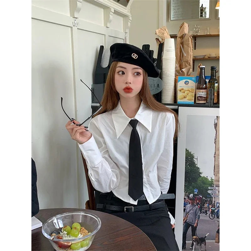 Streetwear Tie Shirts Women Preppy Jk White Long Sleeve Crop Tops Student Korean College Slim Blouses Spring Autumn New voguable