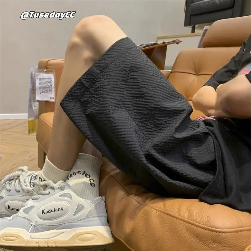 Fashion Elastic Lace Up Seersucker Thin Ice Silk Black Pink Quick-drying Breathable Shorts Casual Beach Shorts Pants Clothes voguable