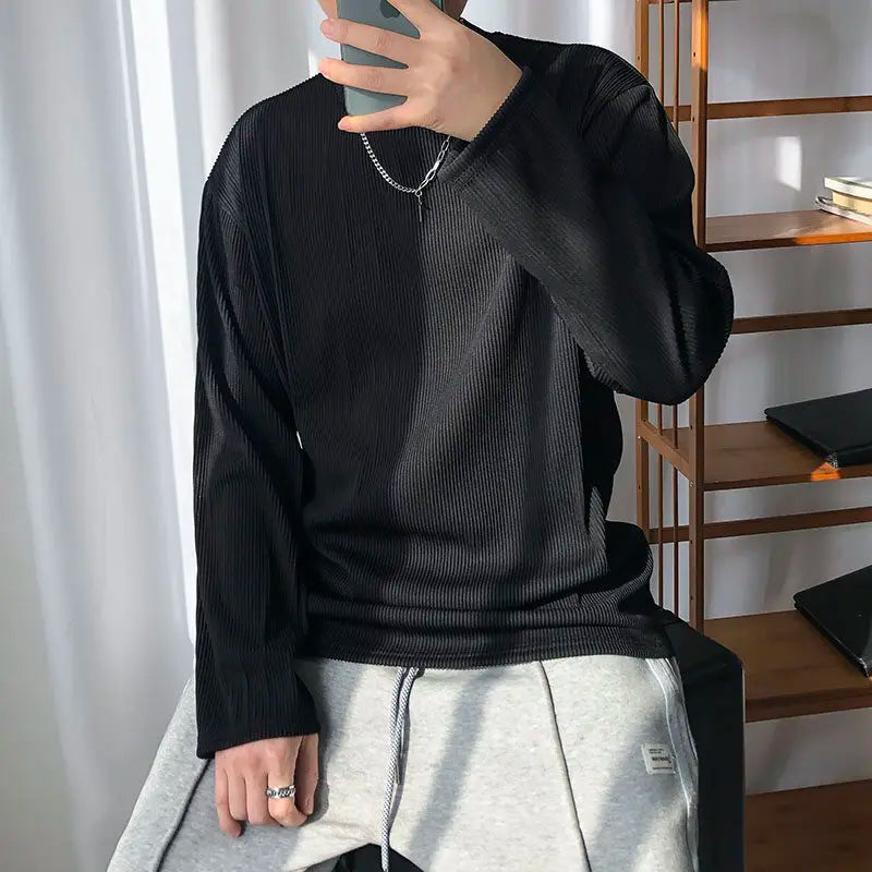 Long Sleeved T-shirt Men Casual Pleated T Shirt Men Japanese Streetwear Loose Ice Silk T Shirt Mens Stand Up Collar Tshirt voguable