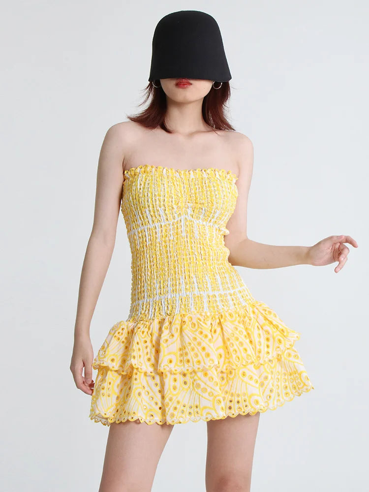Cut Out Layered Hem Sexy Dress For Women Strapless Sleeveless Off Shoulder High Waist Mini Dresses Female Clothing voguable