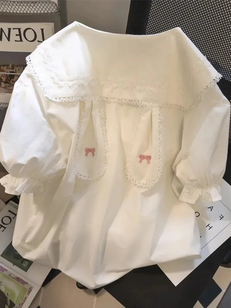 Cute Rabbit Ears White Shirt Women Casual Loose Short Sleeve Kawaii Blouse Vintage Peter Pan Collar Sweet Lady Japan Tops voguable