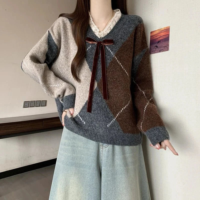 Sweet Bow Argyle Sweaters Women Retro Preppy Style Loose Knitted Pullover Lace Patchwork Long Sleeve Female Vintage Jumpers Fall voguable