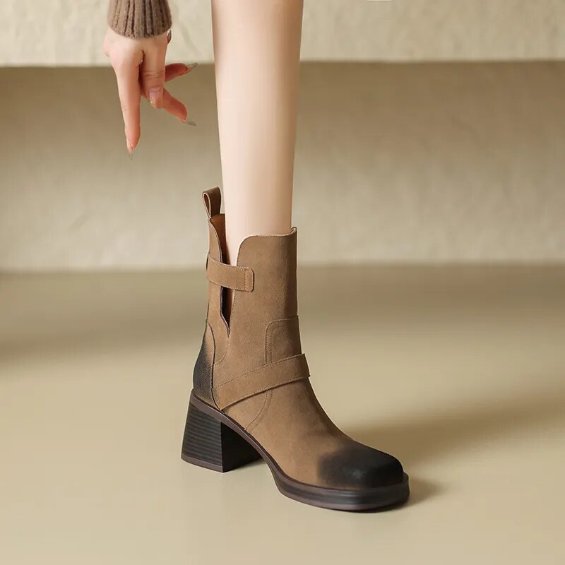 Autumn Winter New Women Ankle Boots Thick High Heels Cow Suede Genuine Leather Shoes Woman Side Office Lady Retro Boots voguable