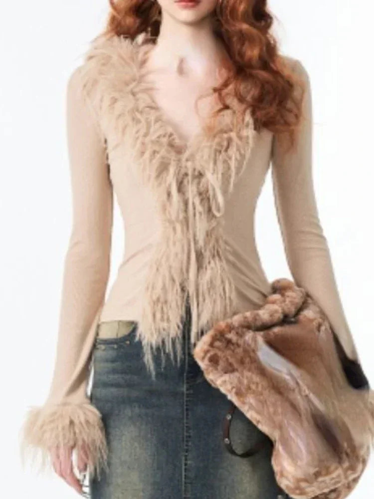 Y2k Aesthetic V-neck Jacket Women Korean Sexy Fashion Cardigan  Harajuku Vintage Bandage Fur Patchwork Coat 2024 Spring Chic voguable