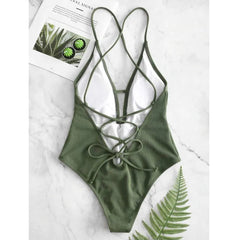 Voguable Lace Splicing Back Hook Closure One Piece Swimsuit Women Solid Green Bandage Swimwear Beach Backless Monokini Bathing Suit voguable