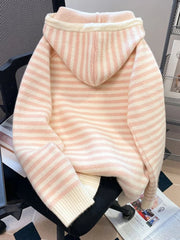 Pink Striped Sweet Cardigan Women Cute Cartoon Long Sleeve Knitted Sweaters Vintage Kawaii Preppy Style Japan Pockets Tops Coats voguable