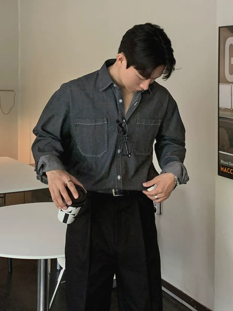 Voguable  Korean Style Slim Fit Long Sleeve Denim Shirt Men's Casual Workwear Hard Cloth Jacket Double Pocket Retro American Leisure voguable
