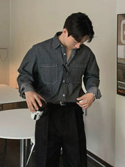 Voguable  Korean Style Slim Fit Long Sleeve Denim Shirt Men's Casual Workwear Hard Cloth Jacket Double Pocket Retro American Leisure voguable
