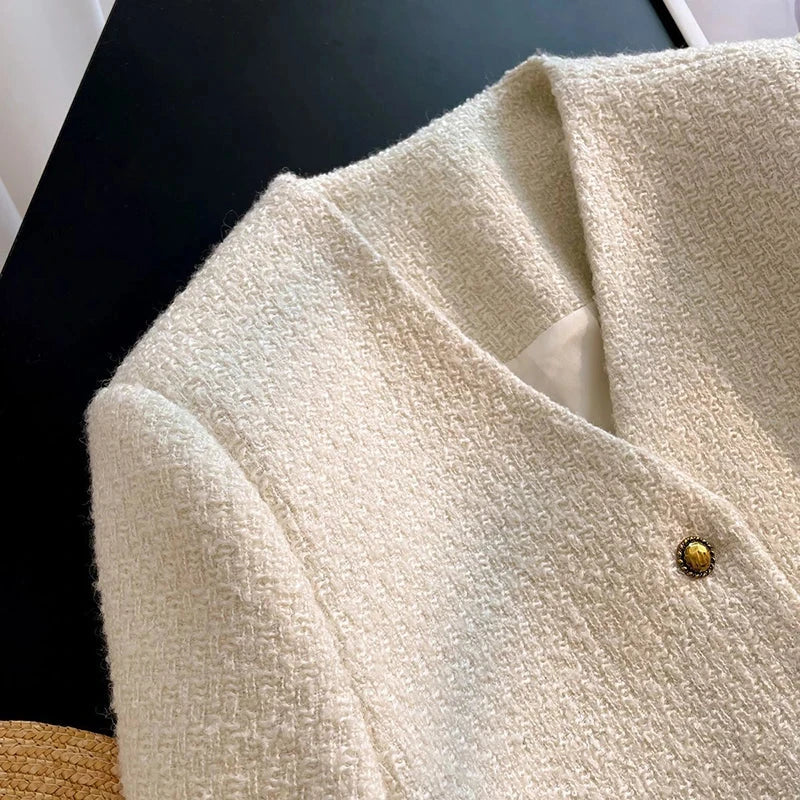 Slim Elegant Tweed Jacket Women Vintage Long Sleeve Sweet Short Coat French Casual Vintage Lady V Neck Single Breasted Tops voguable