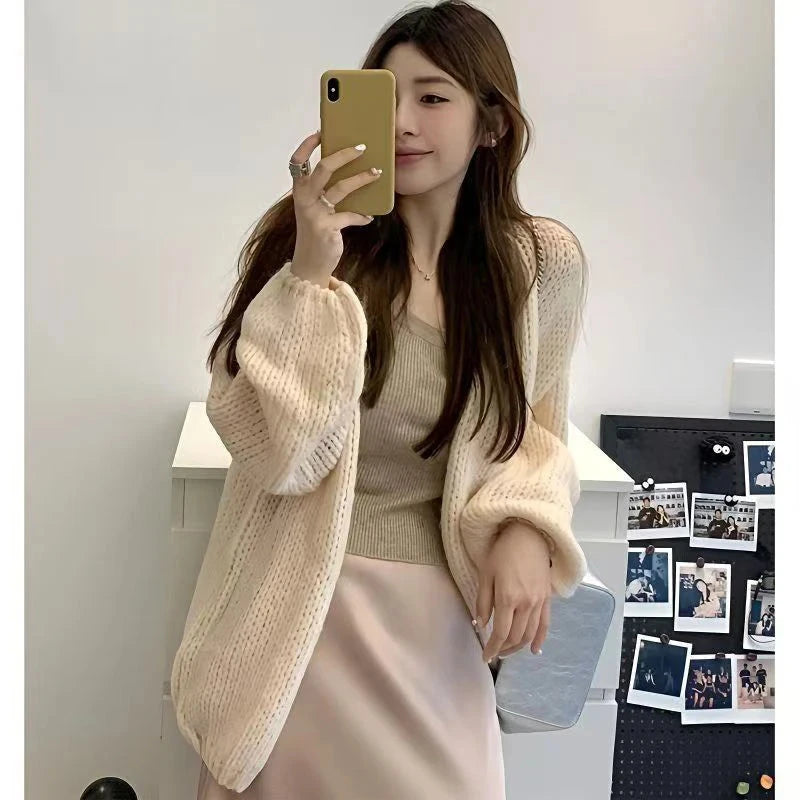 Lazy Wind Retro Cardigan Women Casual Loose Long Sleeve Korean Knitted Sweaters Coats Vintage Fall Winter Simple Solid Tops New voguable