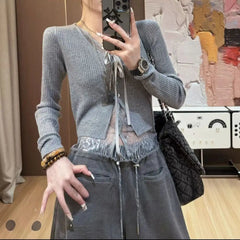 Voguable  Two-piece Lace Spliced   knitted Cardigan for Women in Autumn New Slim Long-sleeved Jacket voguable